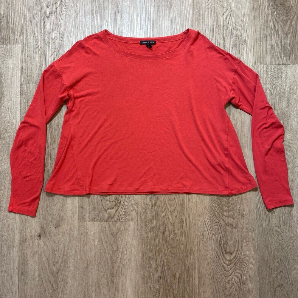 EILEEN FISHER‎ Top Small  Stretch Viscose Jersey Round Neck Long Sleeve Red